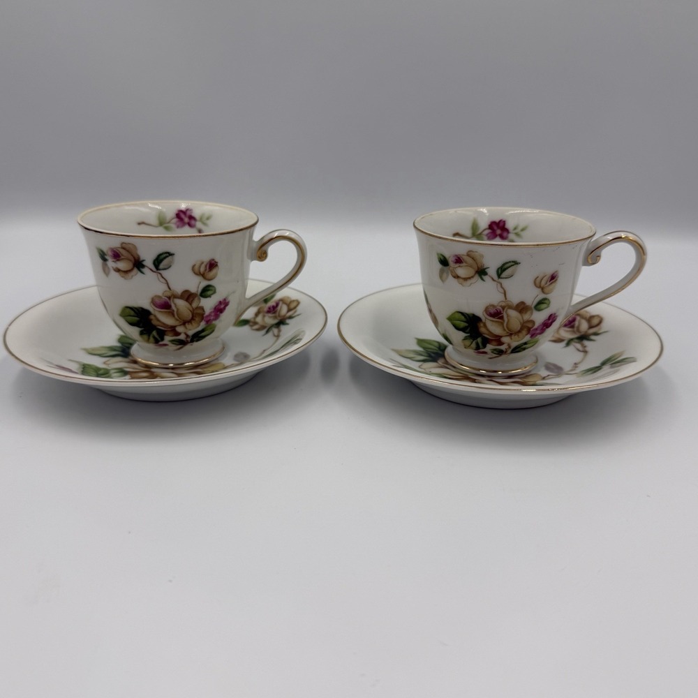 Vintage Lynmore Golden Rose 2 Teacups With Saucers Fine China Japan Yellow Pink